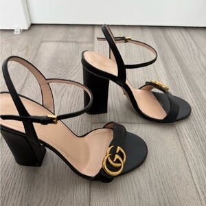 Gucci Black Leather Block Heel Sandals with Gold Double G